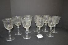 Set of 9 Crystal Floral Etched Wine Glasses; 6-3/4" Tall