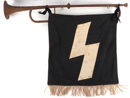 WWII GERMAN HITLER YOUTH TRUMPET AND FLAG