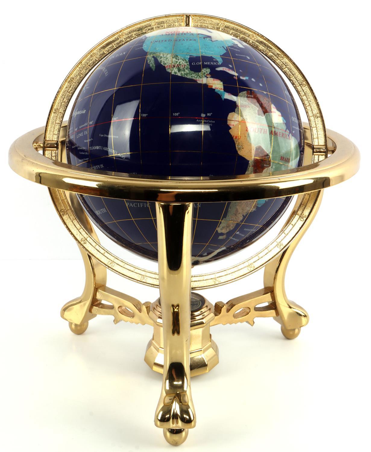 GEMSTONE EARTH TABLE GLOBE IN BRASS STAND