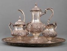 STIEFF HAND CHASED ROSE TEA SET W STERLING TRAY