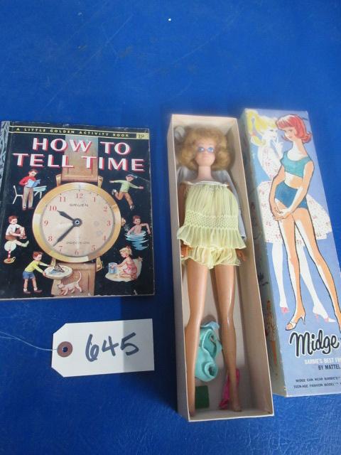 ORIG. 1912 MIDGE DOLL - BARBIES FRIEND BY MATTEL AND  HOW TO TEL TIME BOOK 1957 LITTLE GOLDEN BOOK