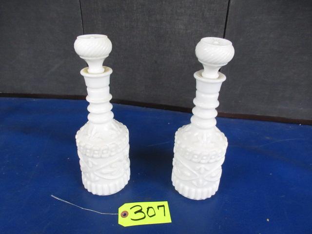 PAIR OF MILK GLASS DECANTERS 12 T