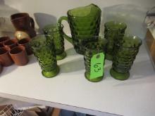 GREEN GLASS PITCHER AND WATER GLASSES