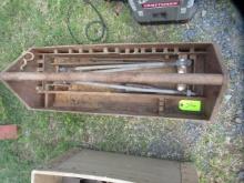 OLD WOODEN TOOL BOX W/ MISC. TOOLS