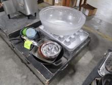 pallet of misc- muffin pans, 24" plastic salad bowls, frying pans, etc