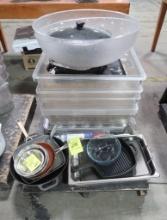 pallet of misc- 24" plastic salad bowls, frying pans, plastic containers, etc