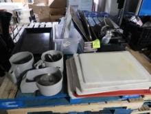 pallet of misc kitchen equipment- half long stainless pans & lids,