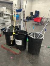 4 Trash Cans W/ Assorted Janitorial Items