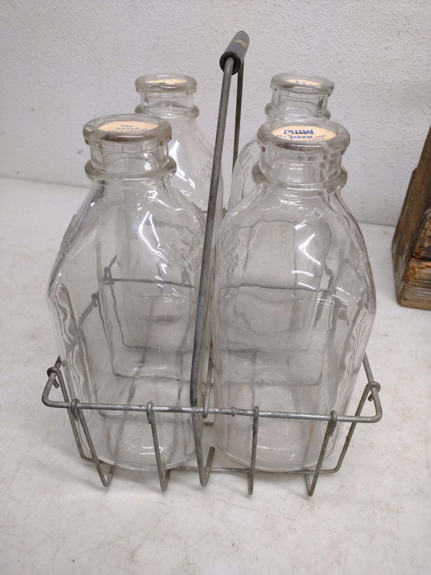 Vintage Glass Milk Bottles And Holding Racks