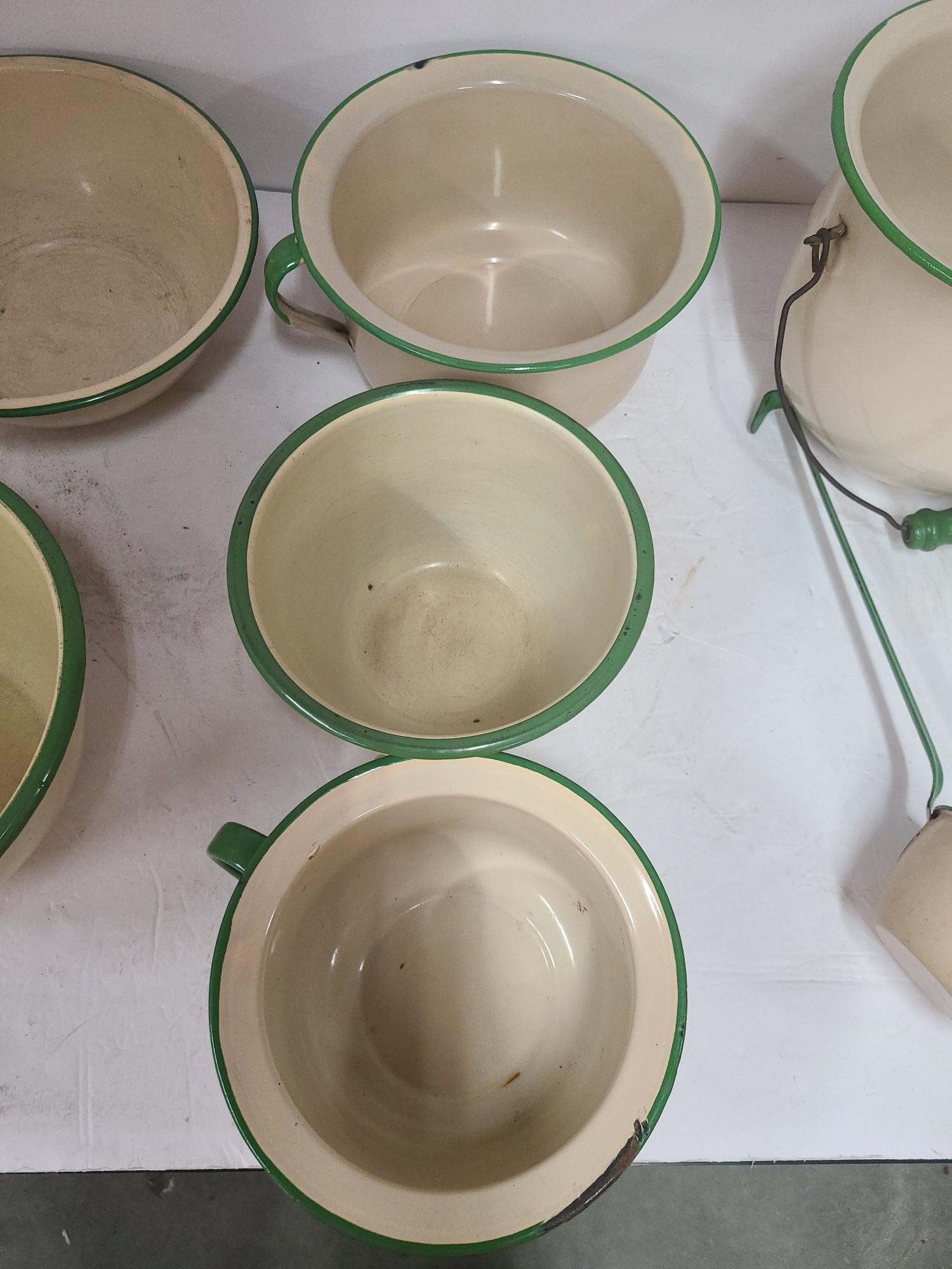 Enamel Wear 1 Kettle, 5 Mixing Bowl, and a Ladle