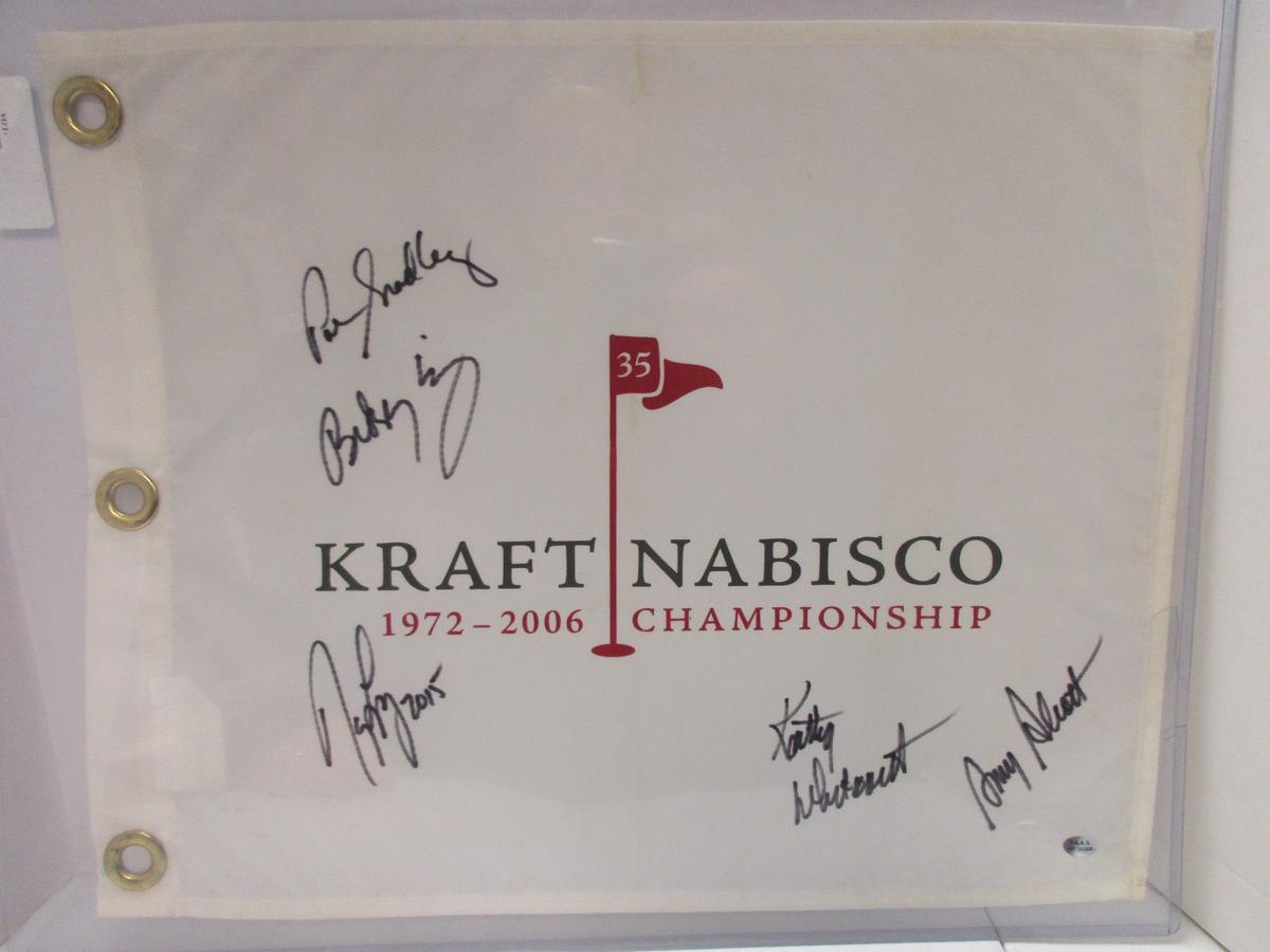 Nancy Lopez Amy Alcott P.Bradley K.Whitworth B.King signed Kraft Nabisco pin flag PAAS LOA 358