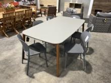 BRAND NEW SOLID WOOD AND RESIN TOP TABLE 76" X 42" WITH 6 RECYCLED PLASTIC CHAIRS
