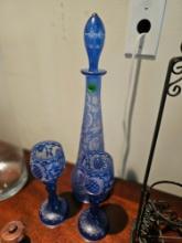 Blue Etched Glass Decanter with Matching Glasses