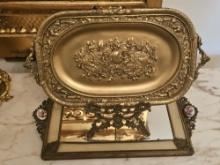 Gold Plated Serving Dish with Stand, Mirror and Powder Holder