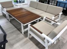 Smynra, a 4 Piece Outdoor Furniutre Set with a 3 Seater Sofa, (2) Arm Side Chairs and a Teak Top Cof