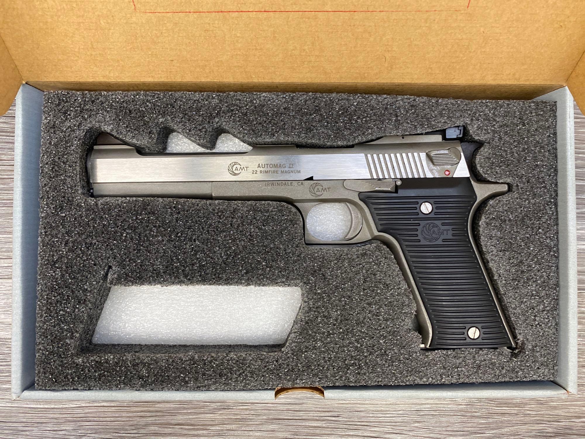 AMT AUTOMAG II STAINLESS STEEL .22 MAGNUM CAL. SEMI-AUTO PISTOL W/ BOX