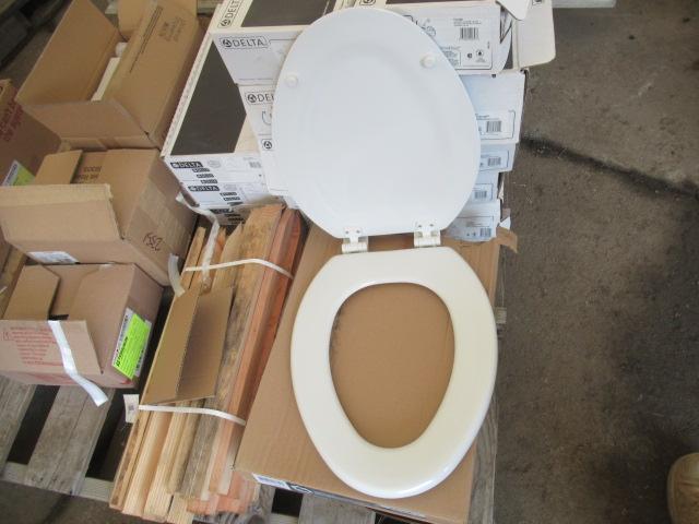 BUNDLE OF WOOD STAKES, APPROX (22) ASSORTED DELTA SHOWER HEADS, (3) OPEN FRONT COMMERCIAL TOILET