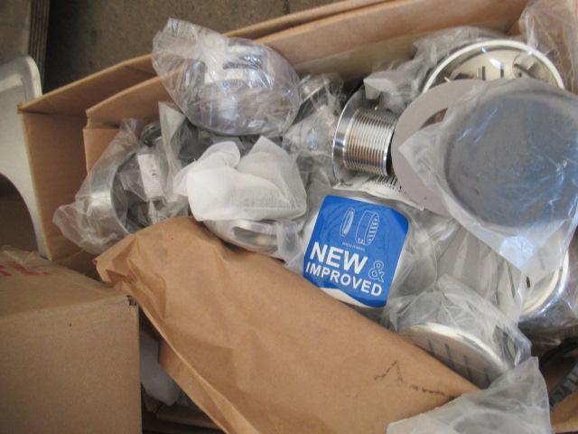SINK, & ASSORTED PLUMBING SUPPLIES, DRAIN STOPPERS, & DELTA SHOWER HEADS/FAUCETS/FAUCET PARTS