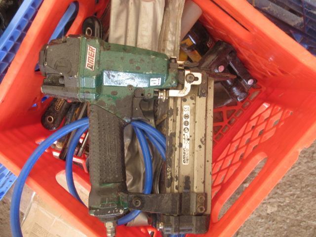 ASSORTED HAND TOOLS, INCLUDING PIPE CUTTERS, CAULKING GUNS, DESTACO CLAMPS, PNEUMATIC GRINDERS &