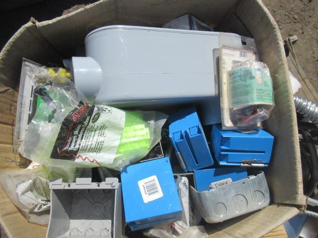 ASSORTED ELECTRICAL HARDWARE, INCLUDING 600V WIRE & PLUGS, 24-4 WIRE, CAT6 WIRE REEL, HOUSING