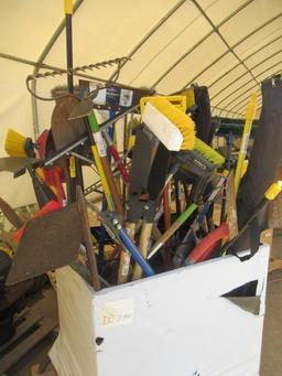 METAL TOTE W/ TAMPER, EDGER, POST HOLE DIGGER, & ASSORTED BROOMS, SHOVELS, RAKES, GARDEN WEED HOES,