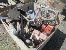 EXERCISE BIKE, TABLE SAW GUIDE, & ASSORTED SMALL ENGINES *NON RUNNING, SAND PAPER & METAL CLIPS