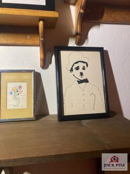 Group of five pictures: Blue Boy, Charlie Chaplin, Flowers, prints