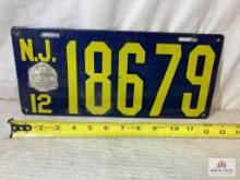1912 "New Jersey 18679" Porcelain License Plate