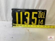 1914 "Delaware 1135" Porcelain License Plate