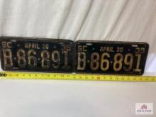 1935 "South Carolina B-86-891" Pair Metal License Plates