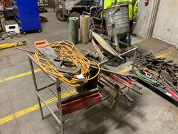 2 SHELF METAL RACK, BOLT CUTTERS, EXTENSION CORD, BUCKET OF