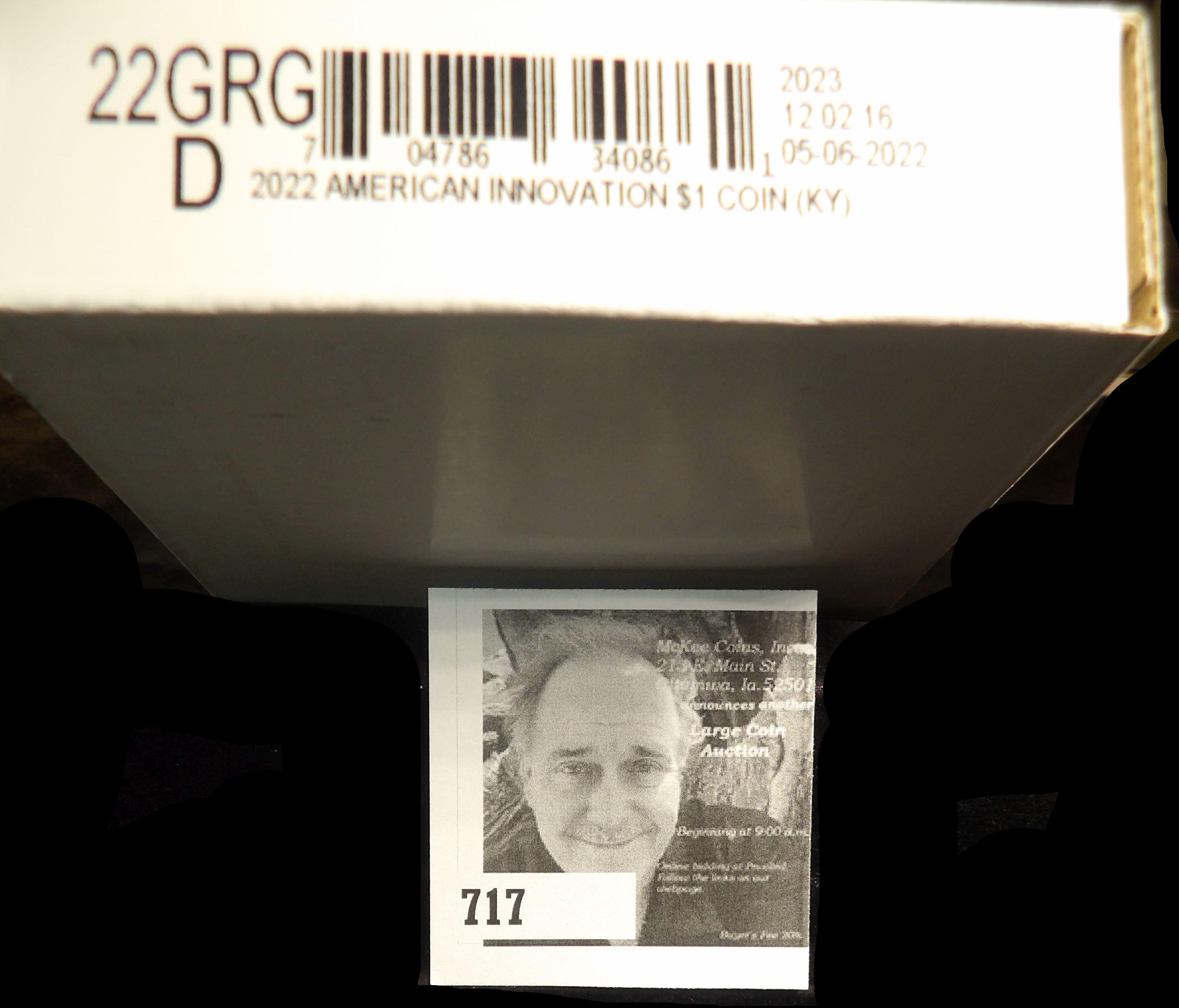 2022 D American Innovation $1 Kentucky Coin Roll in original unopened box from the U.S. Mint, (25 co