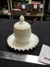 vintage Fenton hobnail, milk, glass, covered jam with under plate with spoon