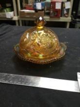 covered carnival glass, butter dish