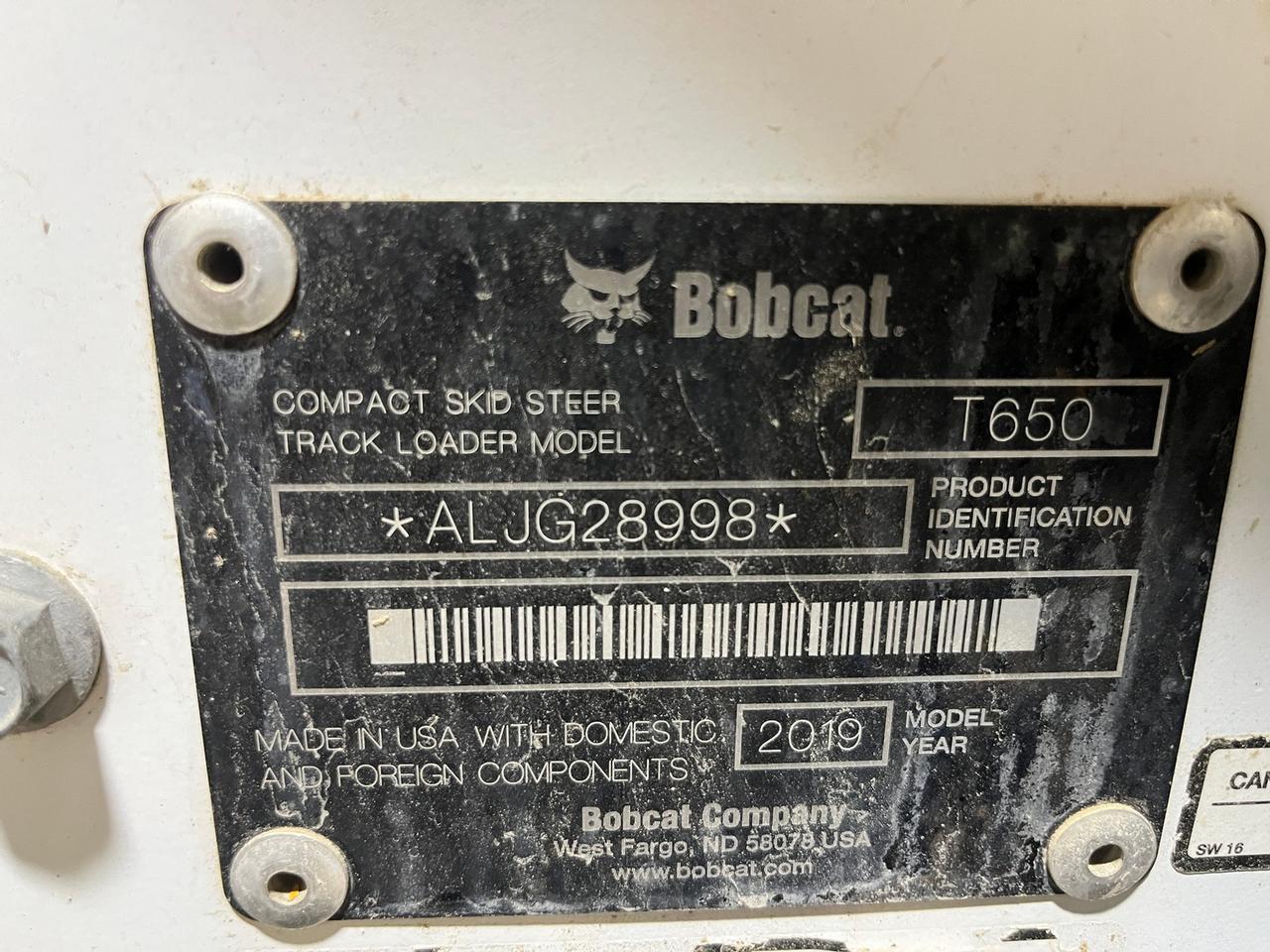 2019 Bobcat T650 Skid Steer Loader