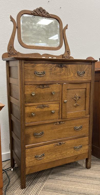 Antique Oak Highboy Dresser with Beveled Mirror