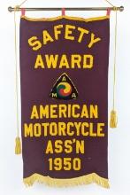 1950 AMA Red Felt Motorcycle Saftey Award Banner