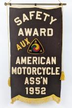 1952 AMA Brown Felt Motorcycle Saftey Award Banner