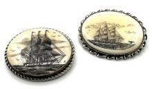 (2) Sterling Silver Scrimshaw Nautical Brooches