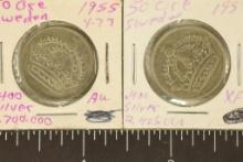 1955 & 1957 SWEDEN SILVER 50 ORE .1234 OZ. ASW