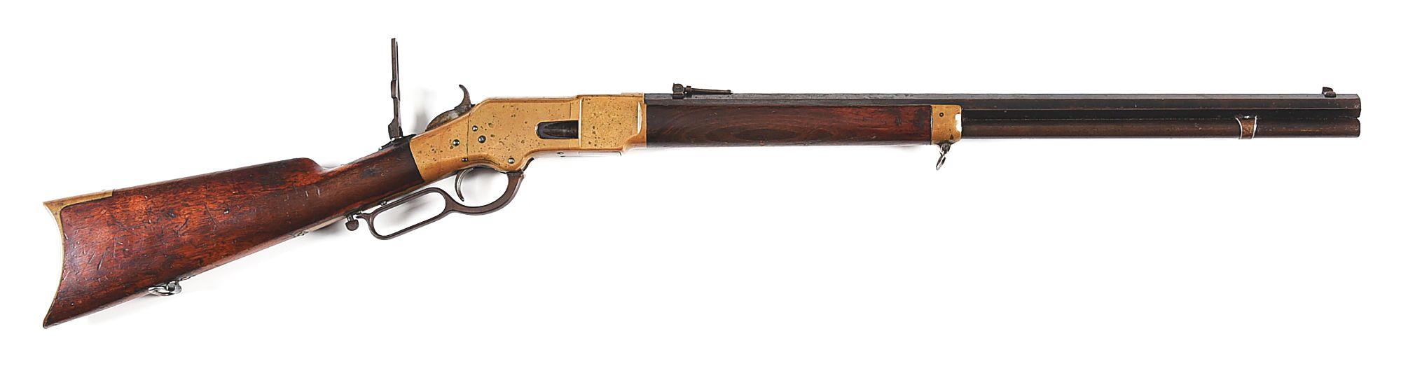 (A) SCARCE HENRY MARKED 2ND MODEL WINCHESTER MODEL 1866 LEVER ACTION RIFLE.