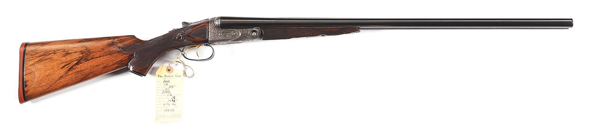 (C) PARKER AHE SIDE BY SIDE SHOTGUN WITH CASE AND FACTORY LETTER.