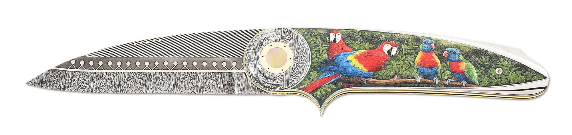 OWEN WOOD FOLDER ENGRAVED WITH PARROTS BY MARIO TERZI.