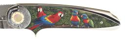 OWEN WOOD FOLDER ENGRAVED WITH PARROTS BY MARIO TERZI.