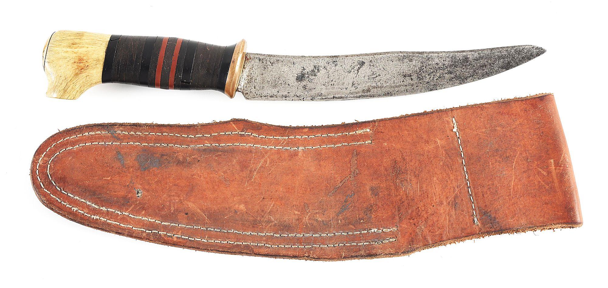 RARE LARGE BILL SCAGEL MADE BOWIE STYLE KNIFE WITH LEATHER SCABBARD.