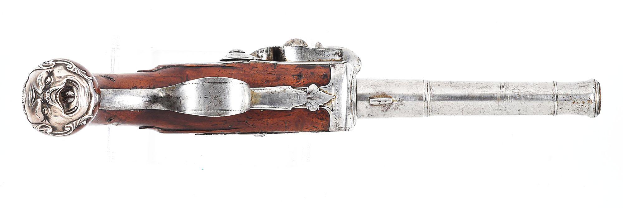 (A) FINE ENGLISH SILVER MOUNTED QUEEN ANNE FLINTLOCK OFFICER'S PISTOL BY ISAAC SMITH.