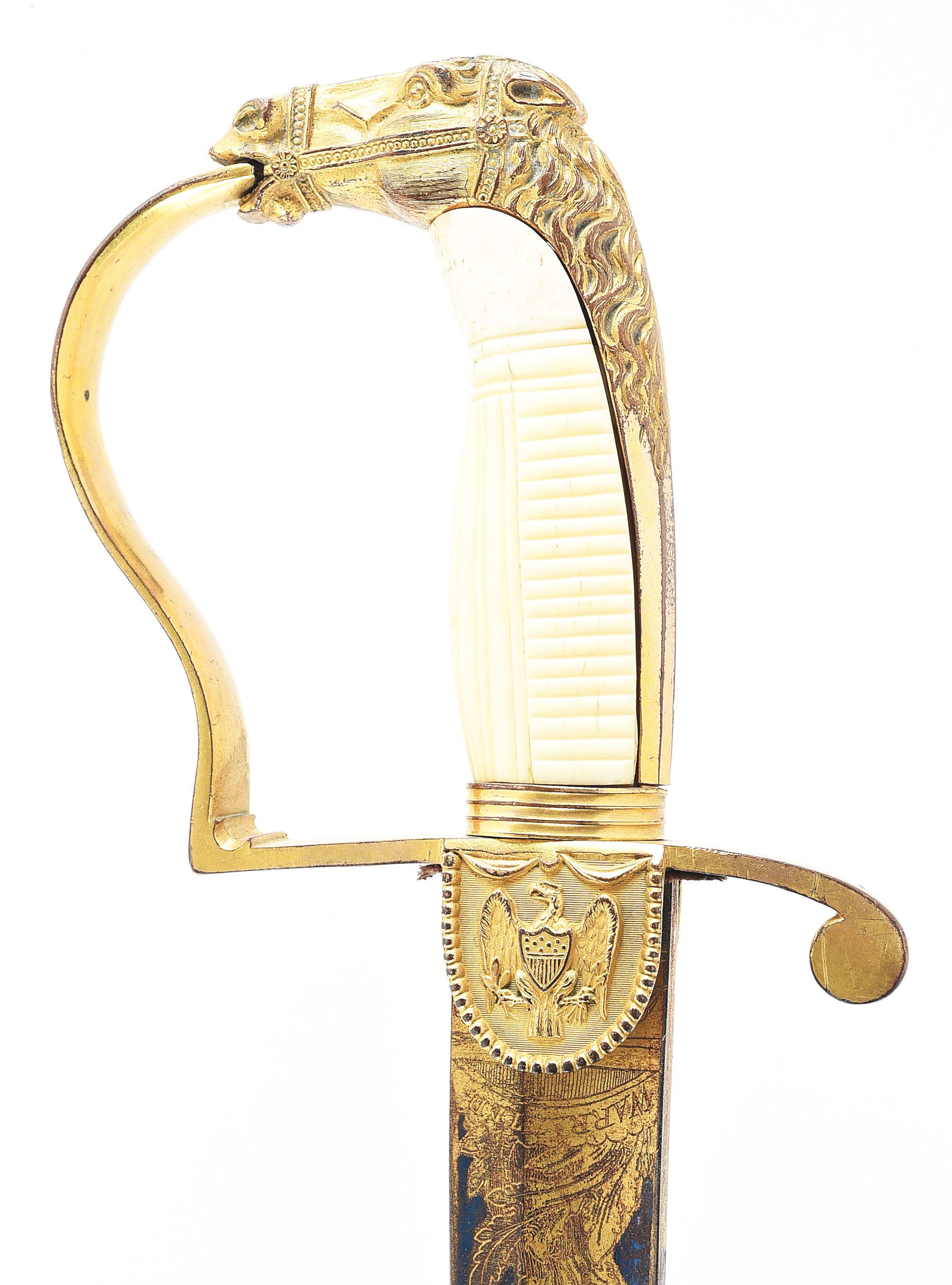 ELABORATE AND FINE AMERICAN HORSE HEAD POMMEL SABER WITH SCABBARD.