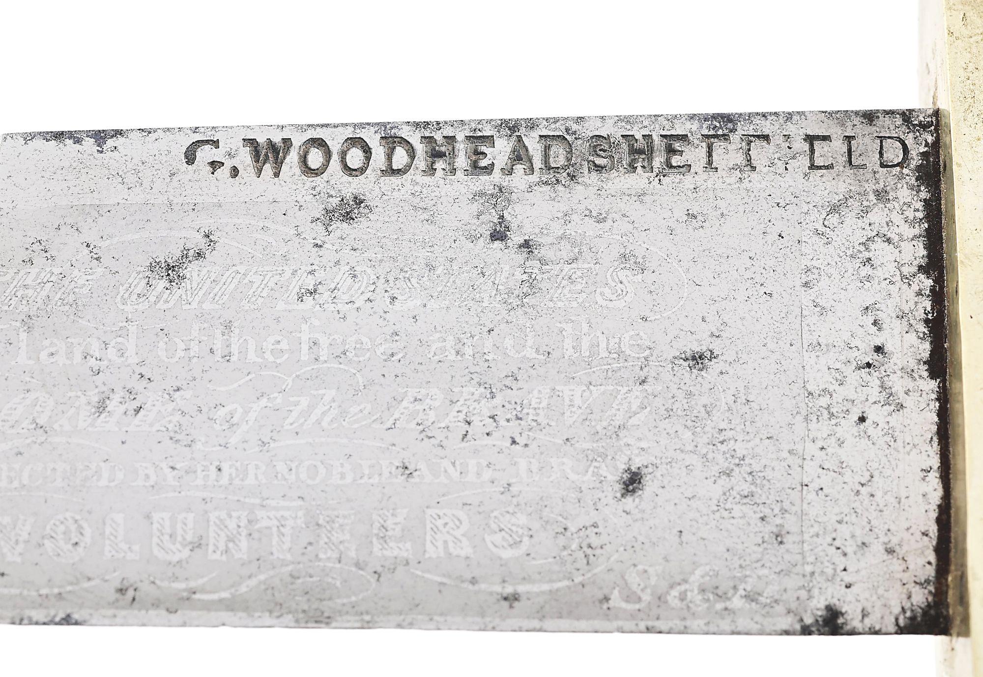 GEORGE WOODHEAD SHEFFIELD BOWIE KNIFE WITH PATRIOTIC ACID ETCHING.
