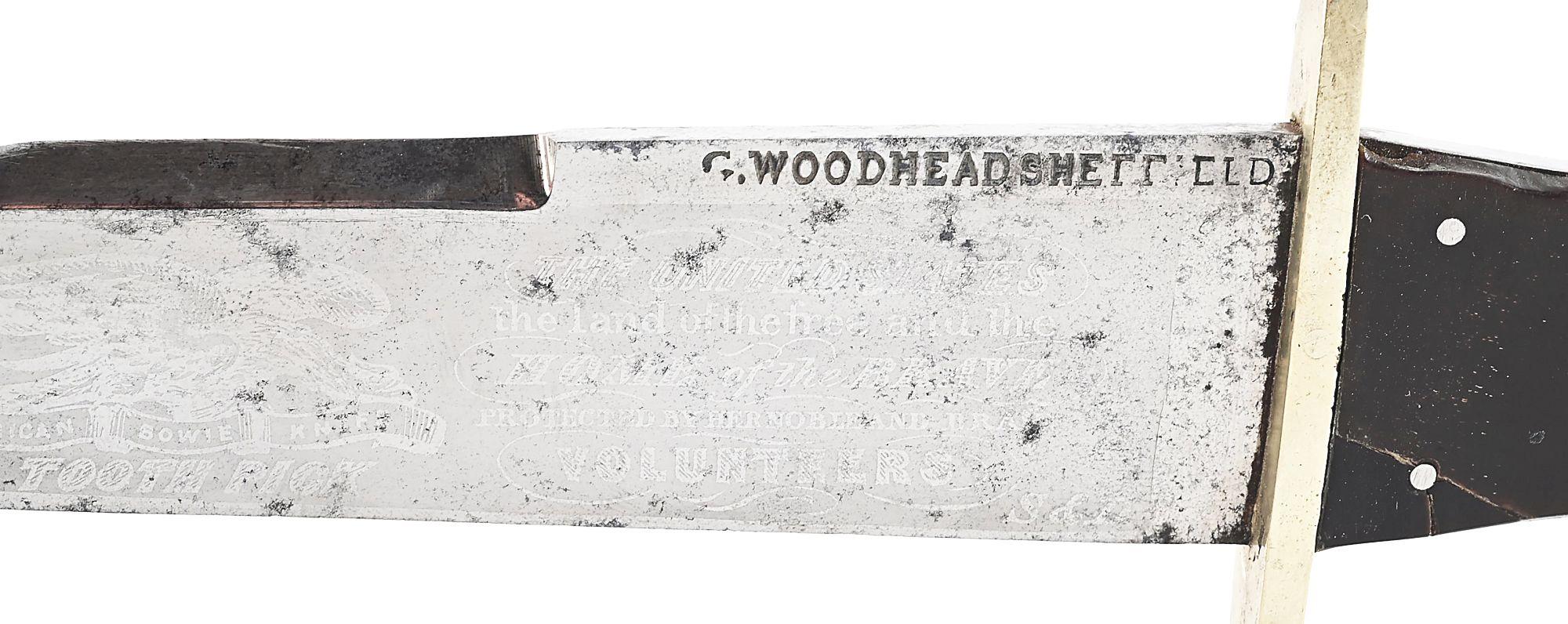 GEORGE WOODHEAD SHEFFIELD BOWIE KNIFE WITH PATRIOTIC ACID ETCHING.