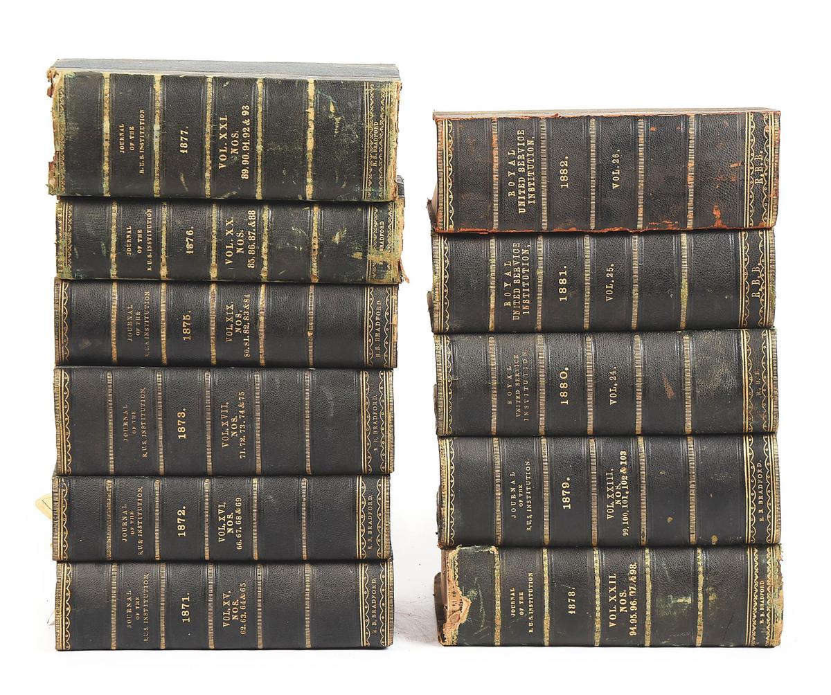 LOT OF 11: 19TH CENTURY VOLUMES OF THE JOURNAL OF THE ROYAL UNITED SERVICE INSTITUTE.